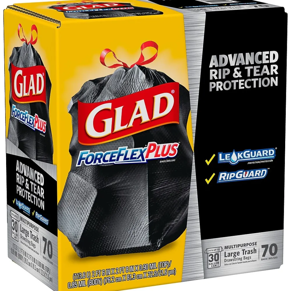 ForceFlexPlus 30 Gallon Trash Bag, 5.31" x 10.06", Low Density, 0.90 mil, Black, 70/Box (70358)<Glad Hot