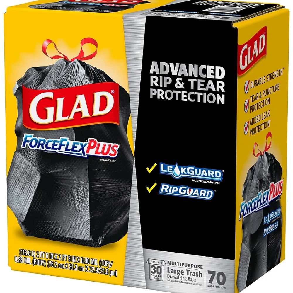ForceFlexPlus 30 Gallon Trash Bag, 5.31" x 10.06", Low Density, 0.90 mil, Black, 70/Box (70358)<Glad Hot