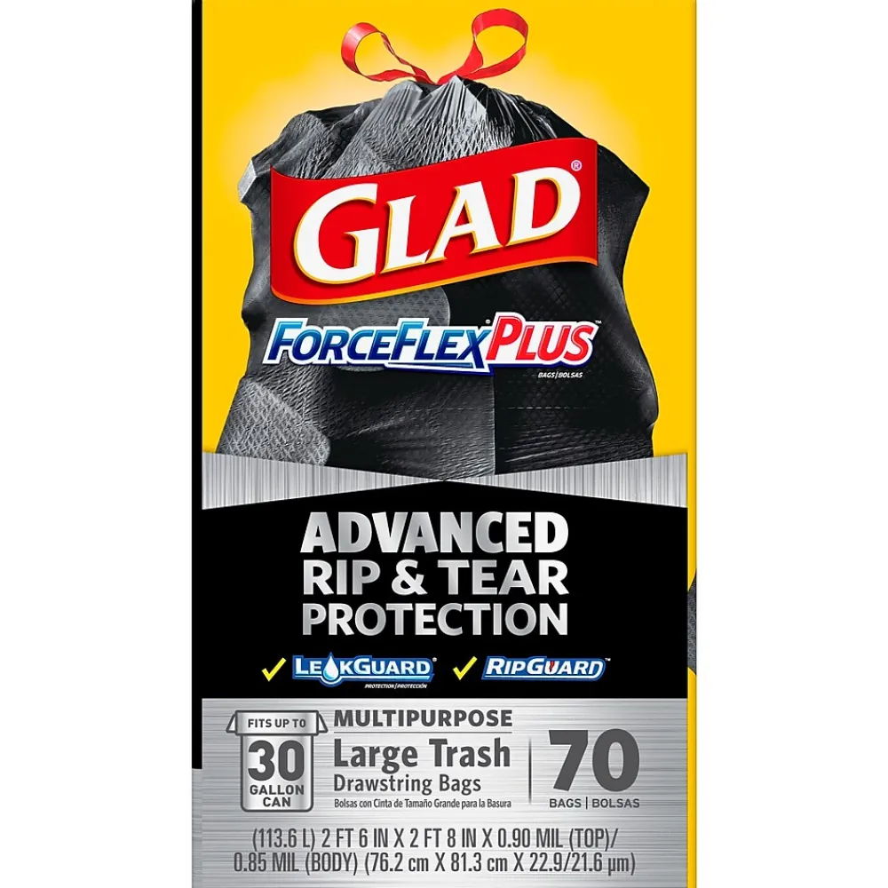 ForceFlexPlus 30 Gallon Trash Bag, 5.31" x 10.06", Low Density, 0.90 mil, Black, 70/Box (70358)<Glad Hot