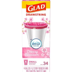 Odorshield 4 Gallon Drawstring Kitchen Trash Bag, Febreeze Cherry Blossom, Pink, 34 Bags/Box (79274)<Glad Sale