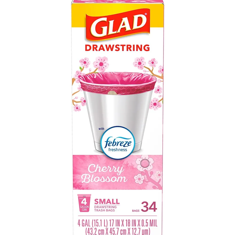 Odorshield 4 Gallon Drawstring Kitchen Trash Bag, Febreeze Cherry Blossom, Pink, 34 Bags/Box (79274)<Glad Sale
