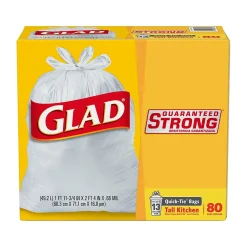 Quick-Tie 13-Gallon Tall Kitchen Trash Bag, 23.75" x 28", 0.66 Mil, White, 80 Bags/Box (60034)<Glad Discount