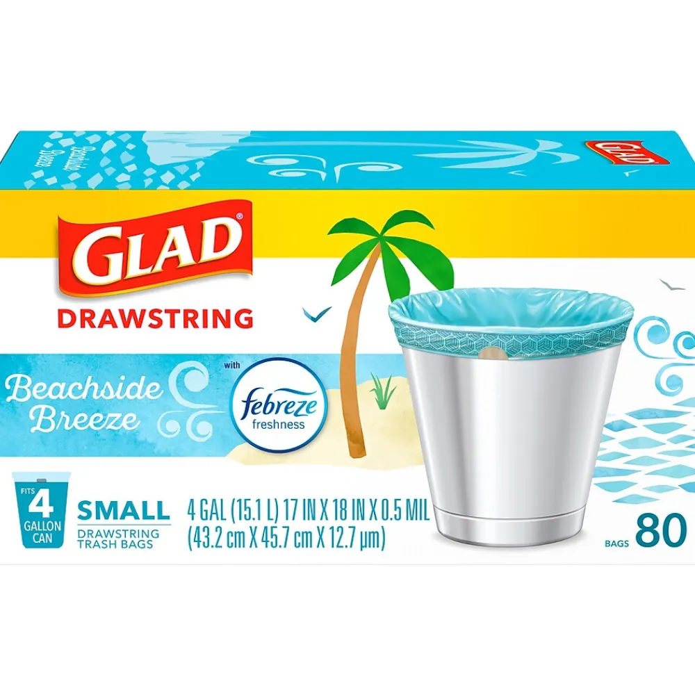 Small Kitchen Drawstring Trash Bags, 4 Gallon, Blue, Febreze Beachside Breeze, 80/Box (79155)<Glad Discount