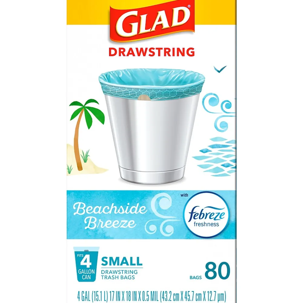 Small Kitchen Drawstring Trash Bags, 4 Gallon, Blue, Febreze Beachside Breeze, 80/Box (79155)<Glad Discount