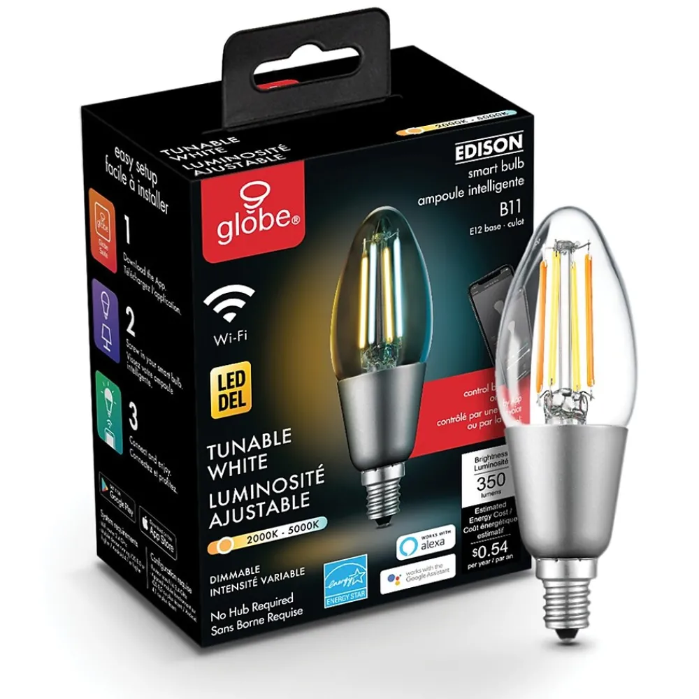 Globe Electric B11-Shape E12-Base Wi-Fi Tunable Edison-Style 40-Watt-Replacement Smart Candelabra LED Bulb, White (34918)