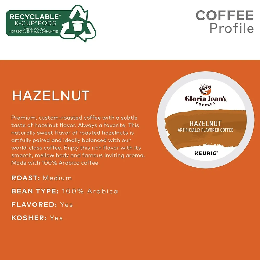 Gloria Jean's Coffees Hazelnut Coffee, Keurig K-Cup Pod, Medium Roast, 96/Carton (60051-052CT)