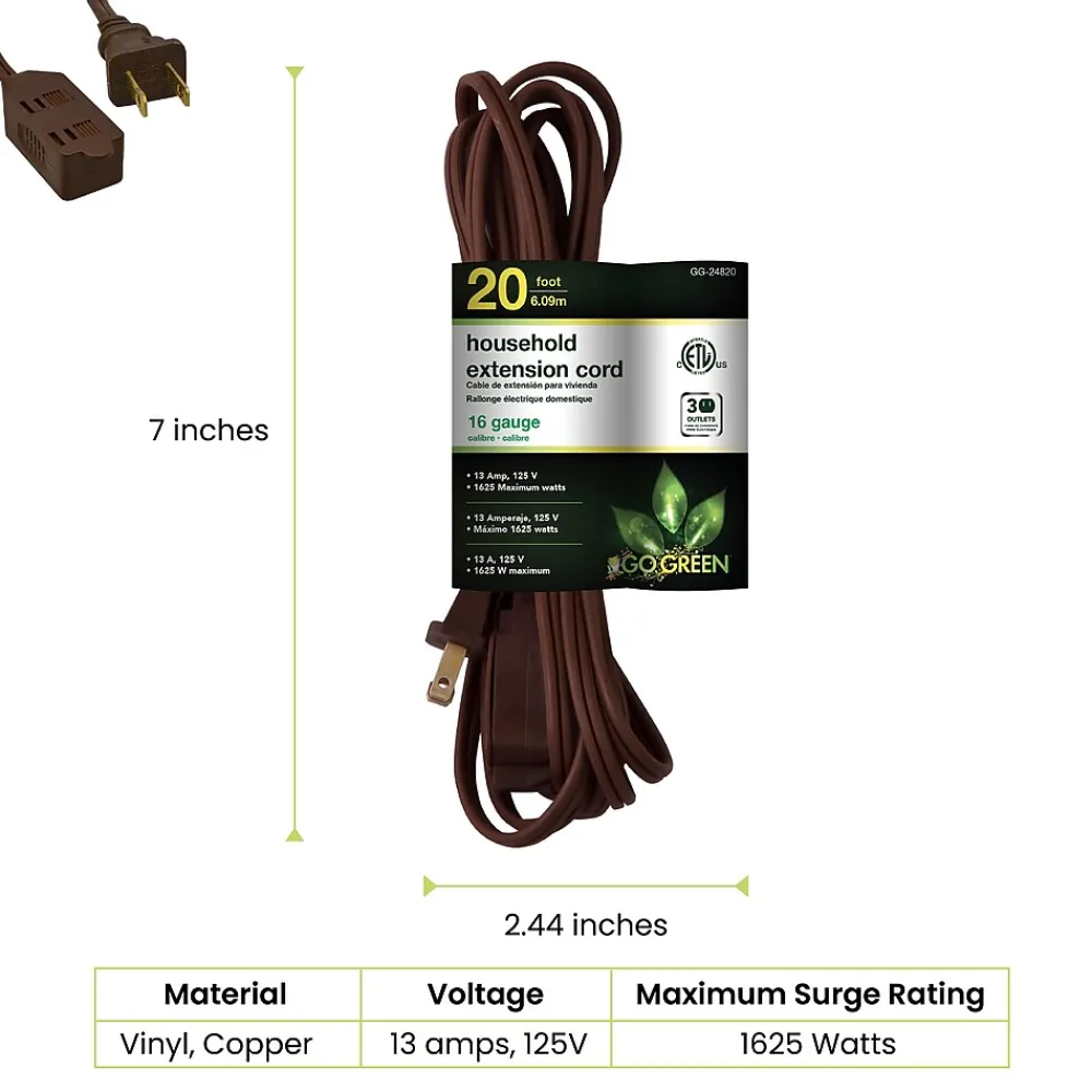 GoGreen Power 20' Extension Cords, 3-Outlet, 16 AWG, Brown, 3/Pack (GG-24820-3)