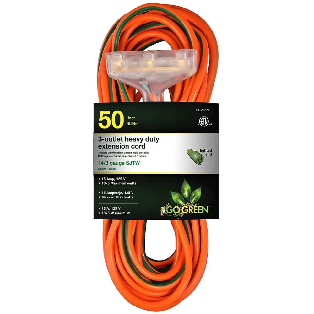 GoGreen Power 50' Indoor/Outdoor Extension Cord, 3-Outlet, 14 AWG, Orange (GG-15150)