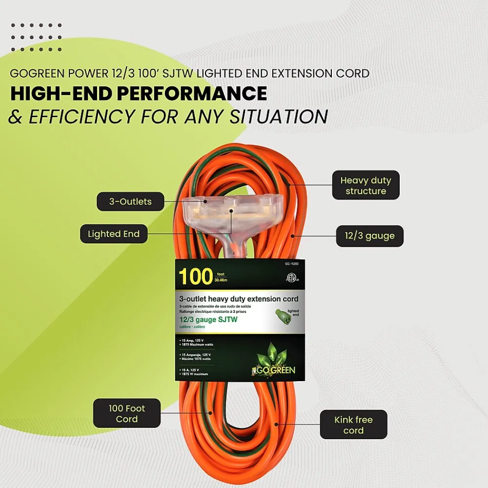 GoGreen Power 100' Indoor/Outdoor Extension Cord, 3-Outlet, 12 AWG, Orange (GG-15200)
