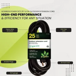 GoGreen Power 25' Indoor/Outdoor Extension Cord, 16 AWG, Black (GG-13725BK)