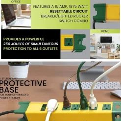 GoGreen Power 6' Metal Surge Protector, 6 Outlets, Yellow/Green (GG-26114)