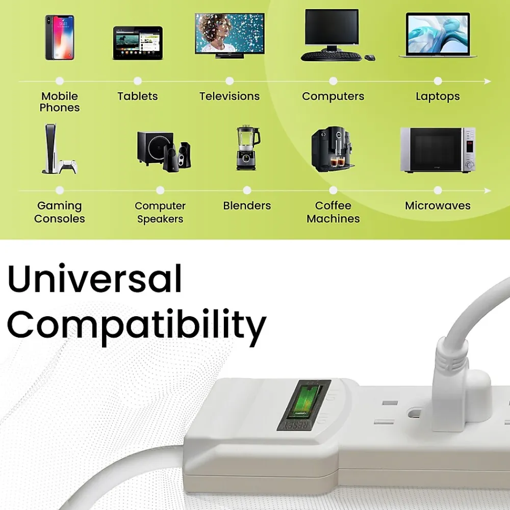 GoGreen Power 6 Outlet Surge Protector, 2.5' Cord, White (GG-16103MS)