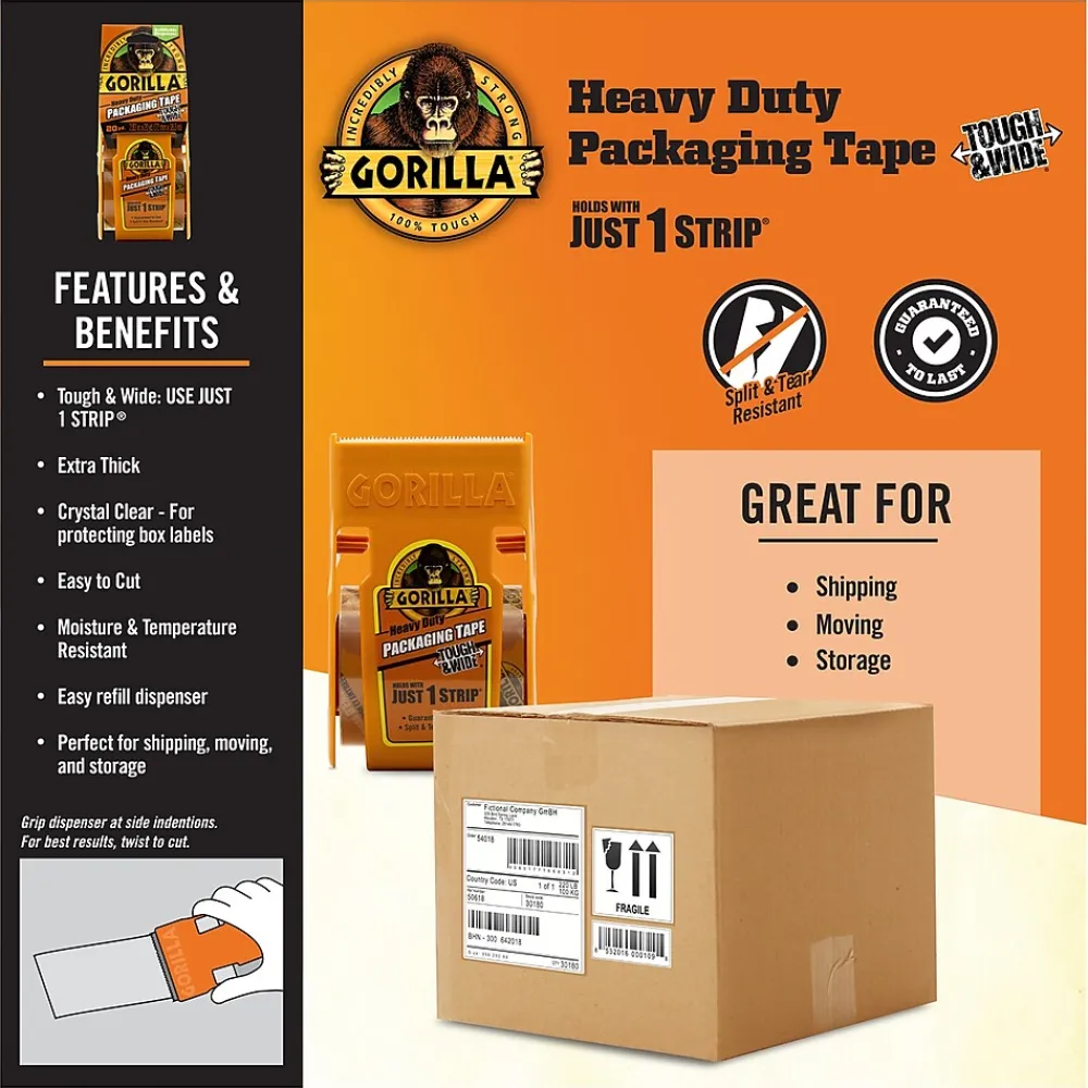 Online Gorilla Heavy Duty Tough & Wide Packaging Tape with Dispenser, 2.88" x 20 yds., Clear (6020001)