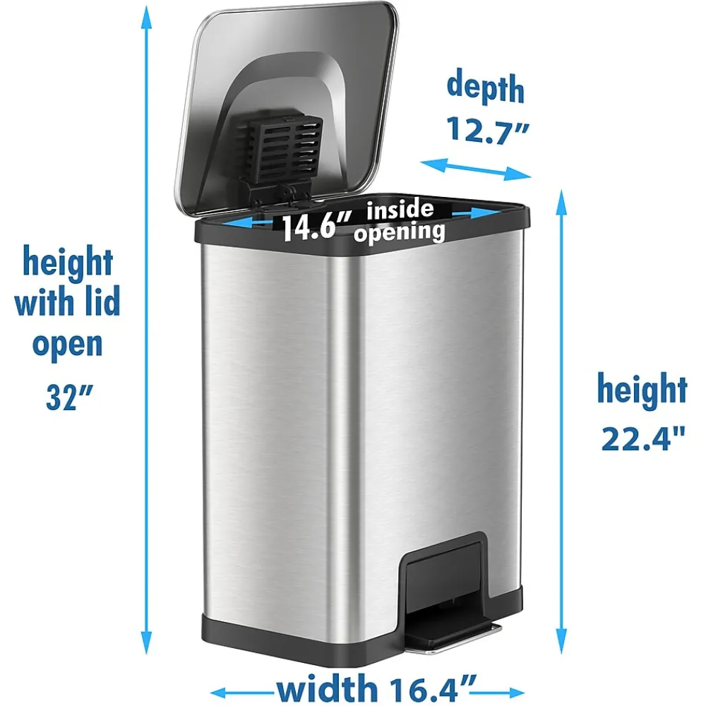 AirStep Stainless Steel Rectangular Step Pedal Trash Can with AbsorbX Odor Control System, 13 Gal., Silver (TR13SS)<Halo New