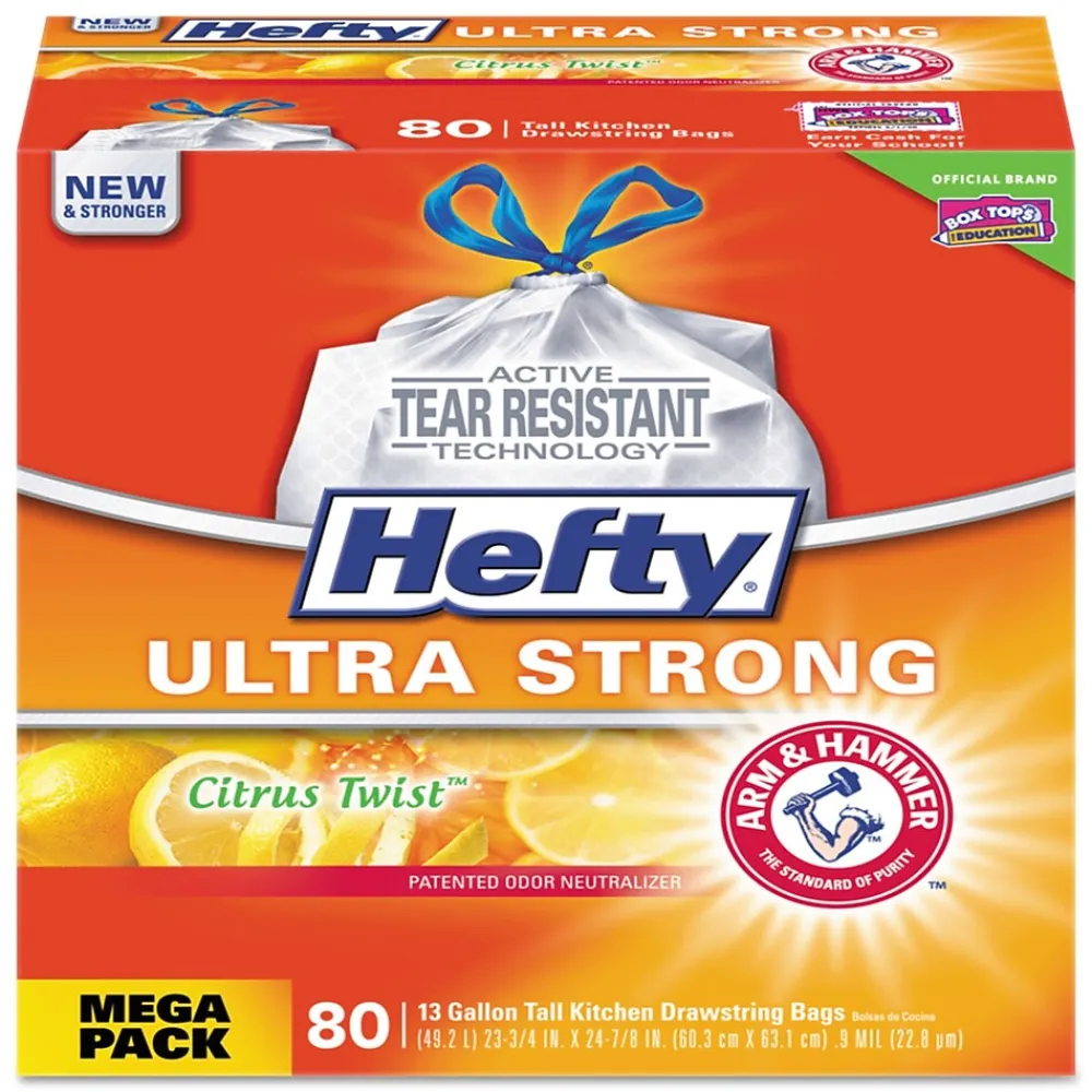 Ultra Strong 13 Gallon Scented Kitchen Trash Bag, 23.75" x 24.88", Low Density, 0.9 mil, Citrus Twist, White, 80 Bags/Box<Hefty Best