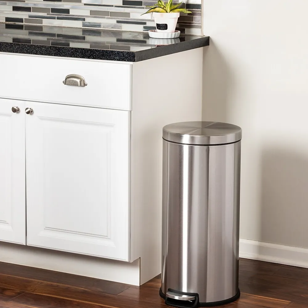 Steel Indoor Round Step Can Trash Can with Hinged Lid, 7.92 Gallon, Silver (TRS-09074)<Honey-Can-Do Best