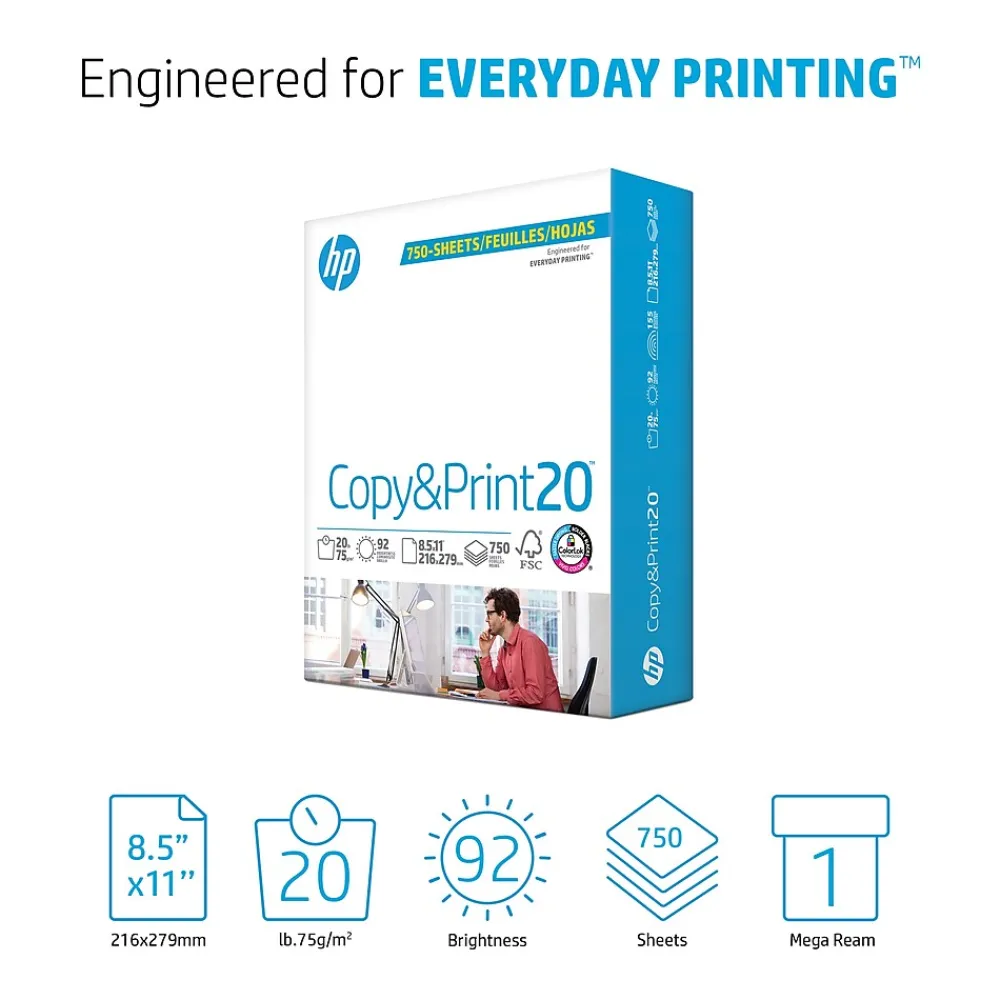 Multipurpose Paper*HP Copy&Print20 8.5" x 11" Multipurpose Paper, 20 lbs., 92 Brightness, 750 Sheets/Ream (200030)