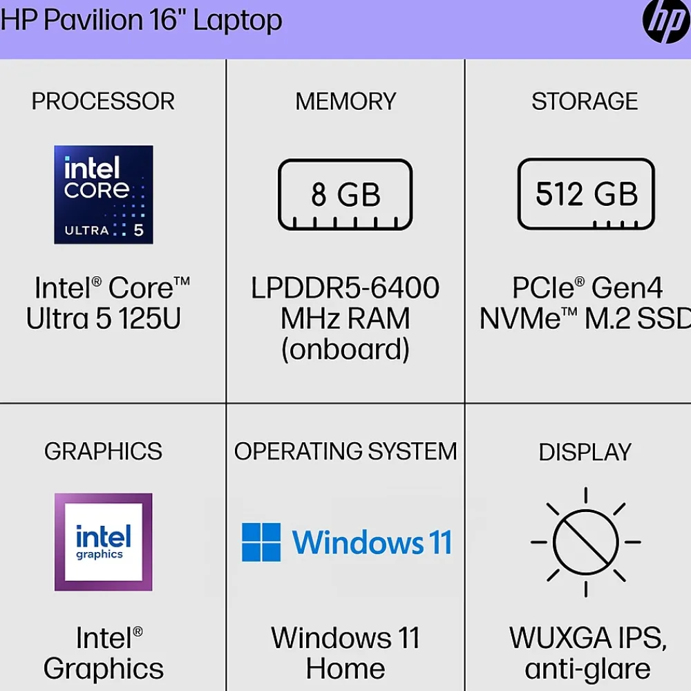 Hot HP Pavilion 16" FHD AI Laptop, Intel Core Ultra 5-125U, 8GB RAM, 512GB SSD, Backlit Keyboard, Windows 11 Home