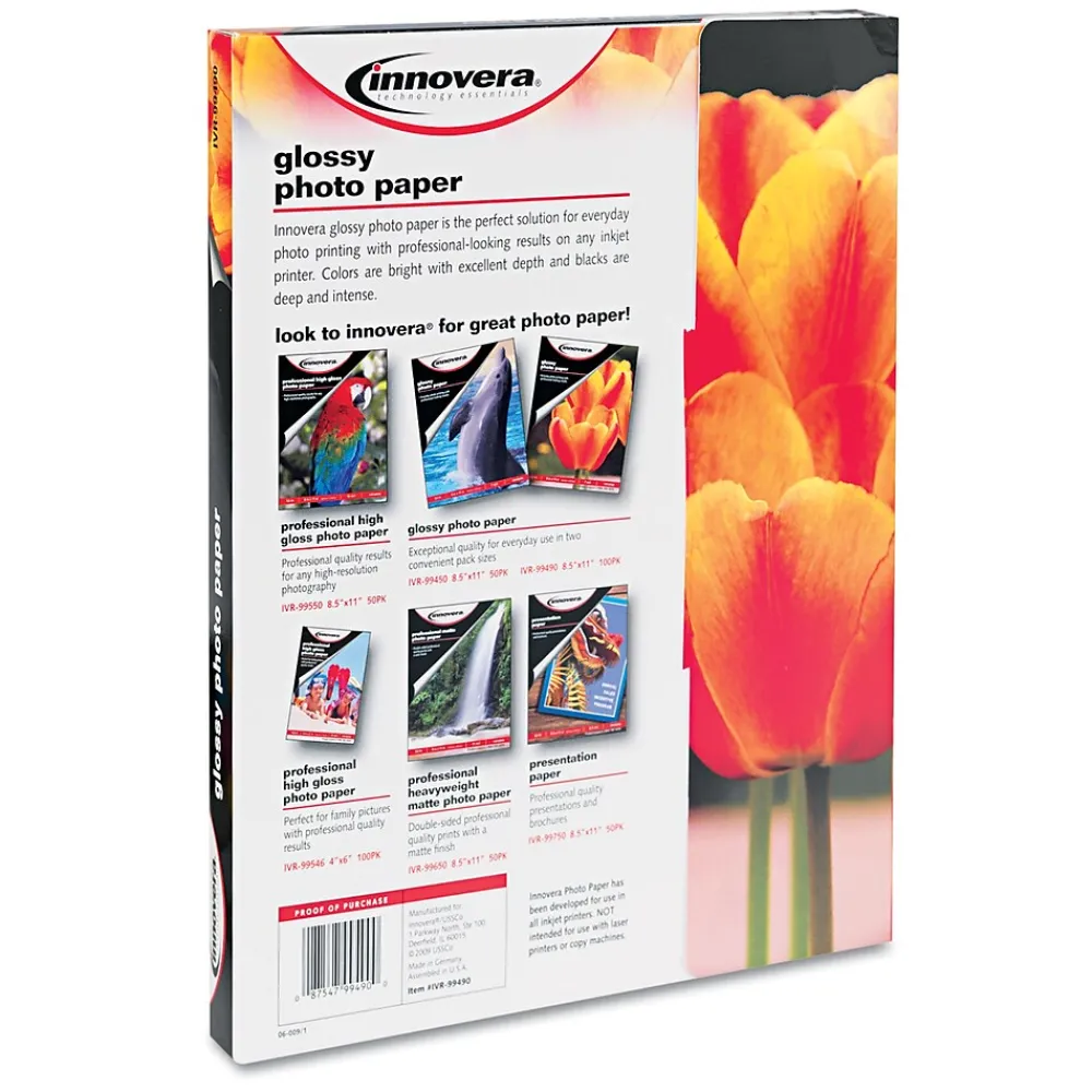 Photo Paper*Innovera Glossy Photo Paper, 8.5" x 11", 100 Sheets/Pack (IVR99490)