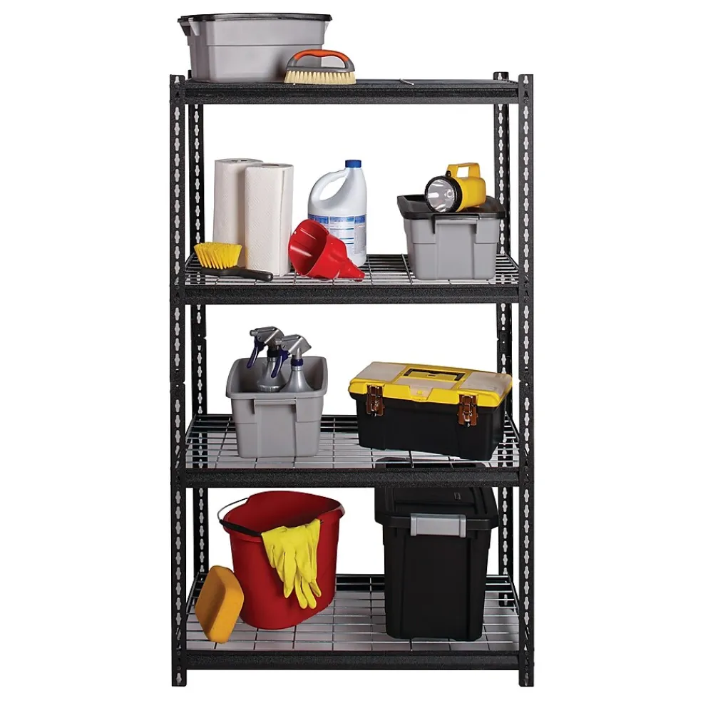 Shelving*Iron Horse 2300 lb. Wire Rivet Series 4-Shelf Metal/Wire Deck Shelving Unit, 36"W, Black (22129)
