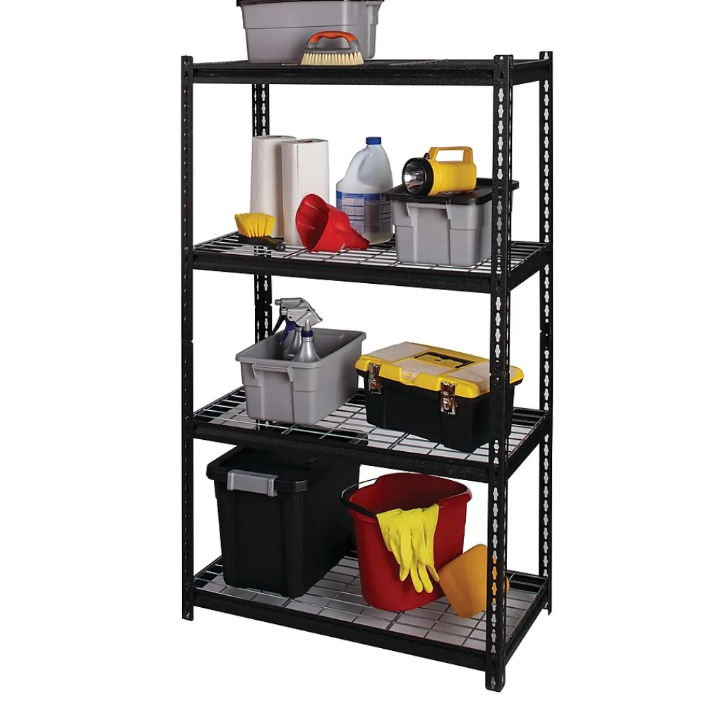 Shelving*Iron Horse 2300 lb. Wire Rivet Series 4-Shelf Metal/Wire Deck Shelving Unit, 36"W, Black (22129)