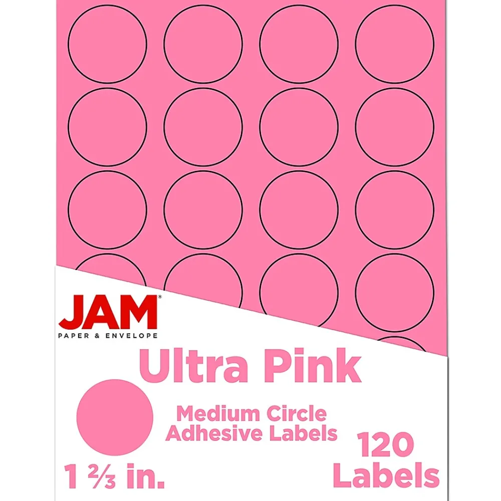 Clearance JAM Paper Circle Round Label Seals, 1 2/3" Diameter, , 24 Labels/Sheet, 5 Sheets/Pack (147627062) Ultra Pink