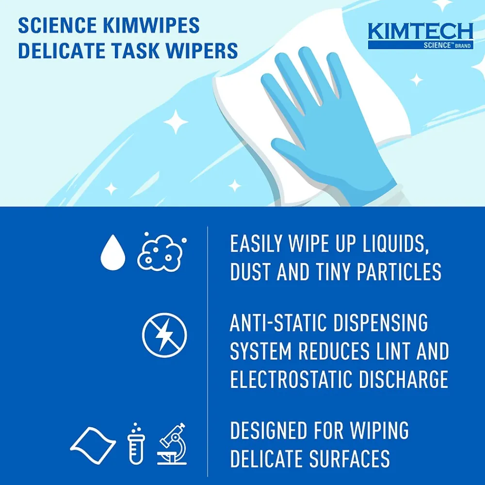 Science Kimwipes Delicate Task Virgin Fiber Cleaning Wipers, 14.7" x 16.6", White, 144 Wipers/Box, 15/Carton (34256)<Kimtech Best