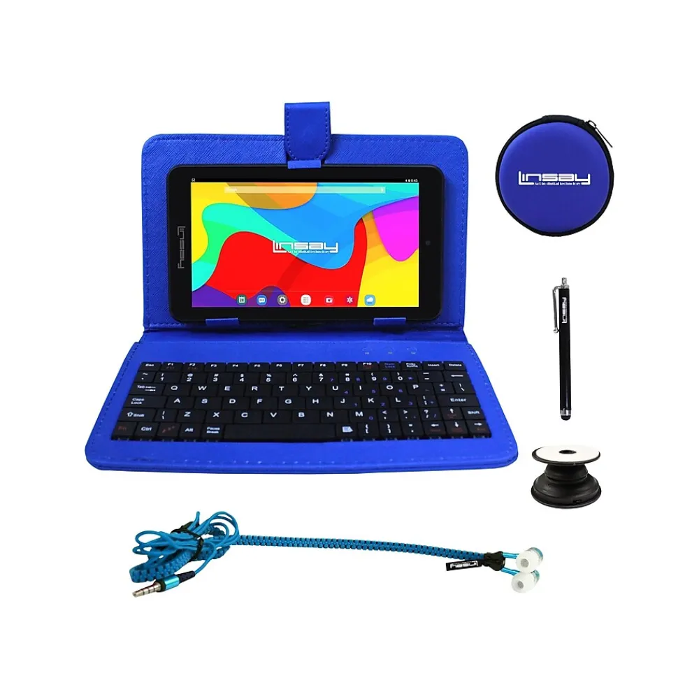 7" Tablet with Pop-Up Holder, Stylus, Earphones, Blue Leather Case, WiFi, 2GB RAM, 64GB Storage, Android 13 (F7UHDBKBP)<Linsay Discount