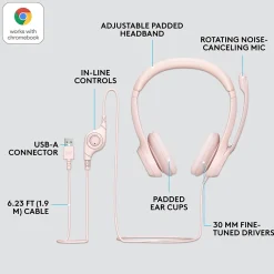 Discount Logitech H390 Noise Canceling Stereo Headset, (981-001280) Rose