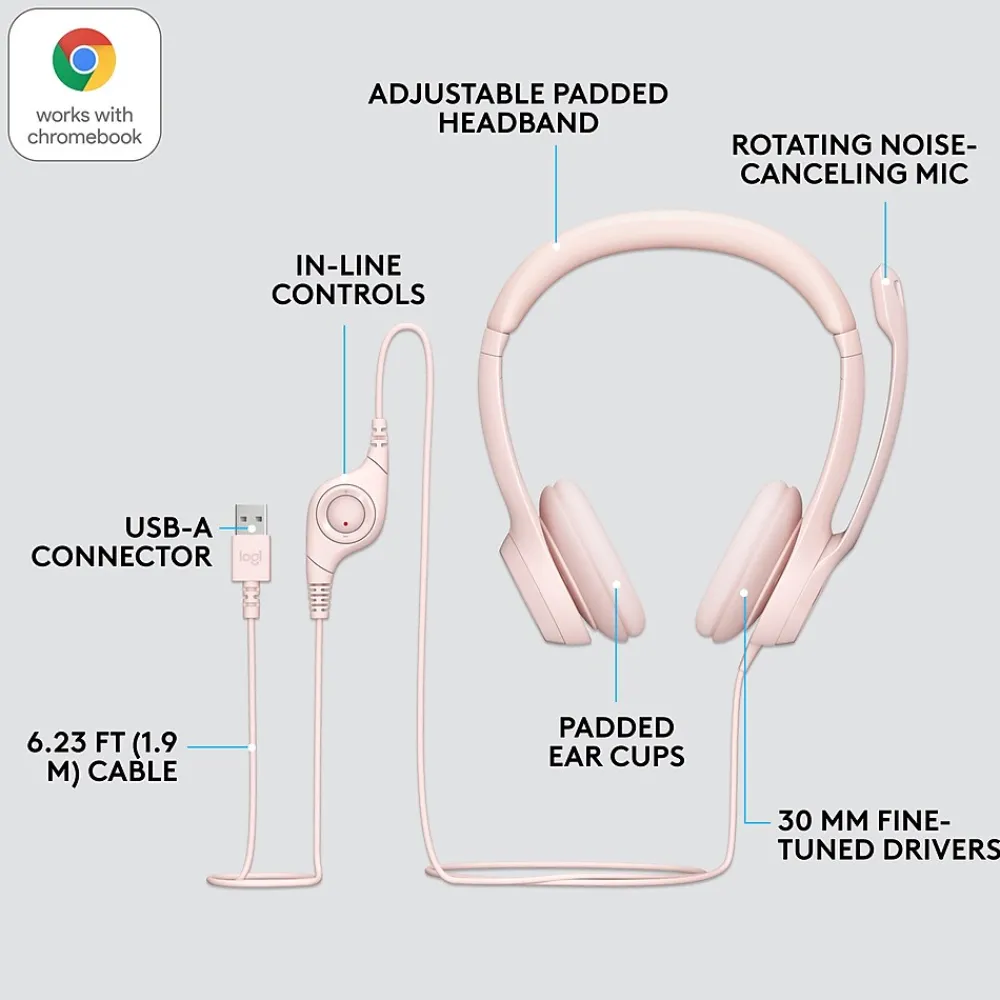 Discount Logitech H390 Noise Canceling Stereo Headset, (981-001280) Rose