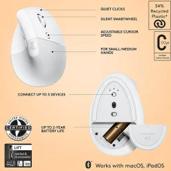 Online Logitech Lift Vertical Ergonomic Wireless Optical Mouse for Mac, (910-006471) White