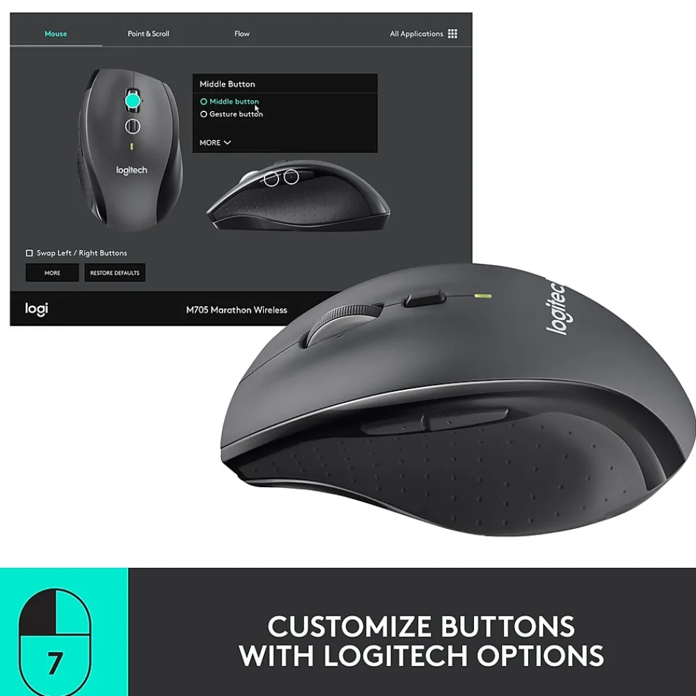 Sale Logitech Marathon M705 Wireless Ergonomic Optical USB Mouse, Charcoal (910-001935)