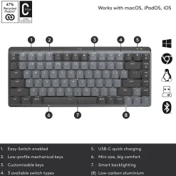 Best Logitech MX Mechanical Mini Illuminated Wireless Ergonomic Keyboard, Black/Gray (920-010551)