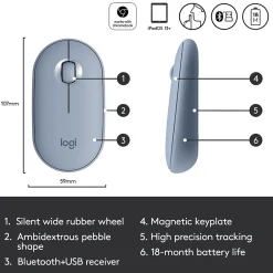 Online Logitech Pebble M350 Wireless Ambidextrous Optical Mouse, Blue Gray (910-005773)