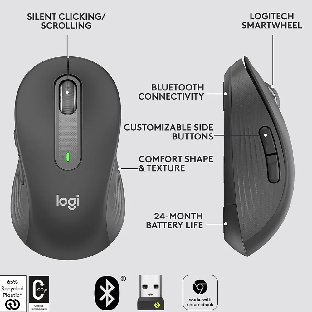 Clearance Logitech Signature M650 Large Wireless Ergonomic Optical Bluetooth & USB Mouse, (910-006231) Graphite