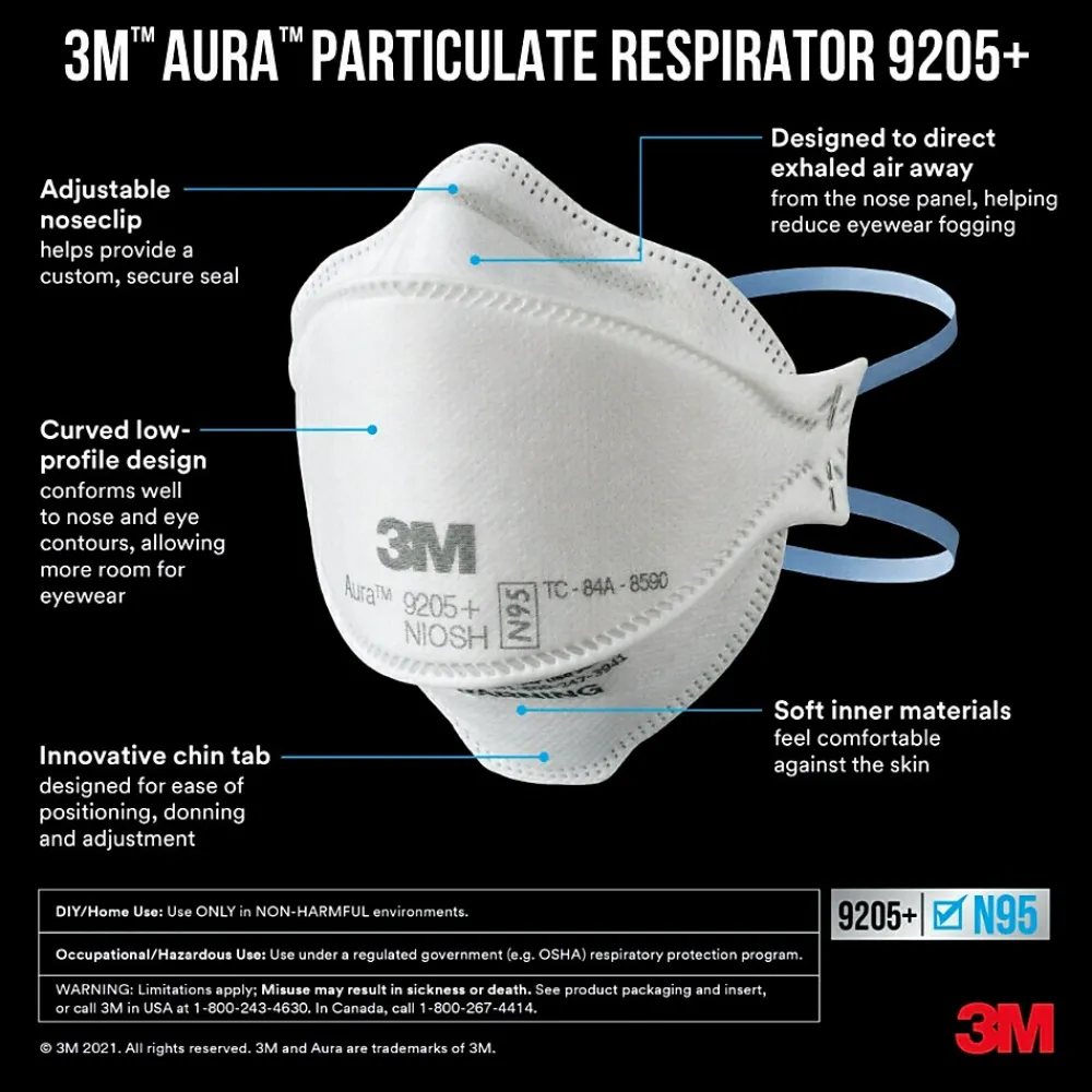 3M Aura N95 Particulate Respirator, White, 20/Pack (9205P-20-DC)