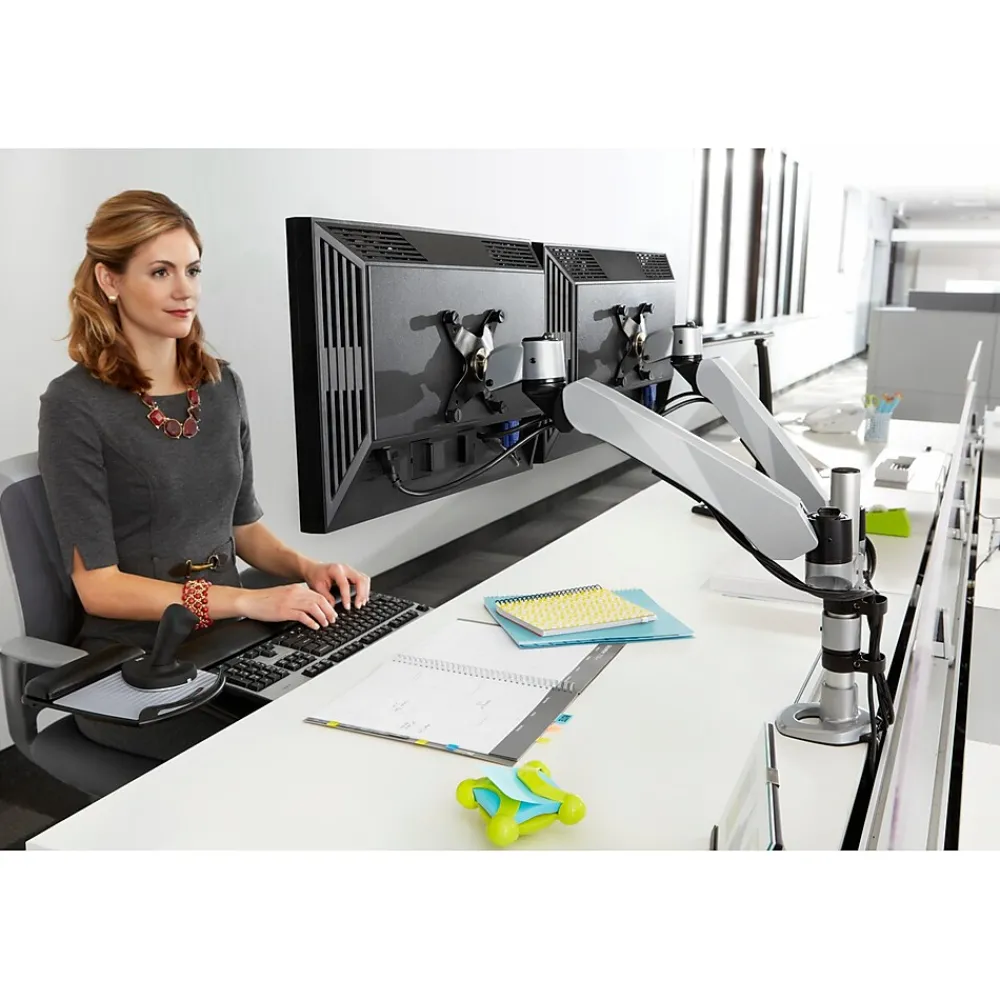 Clearance 3M ™ Dual Monitor Arm, Grab Monitor to Adjust Height, Tilt, Swivel, Rotate, Holds Monitors Up to 20 lbs. and ≤27" (MA265S)