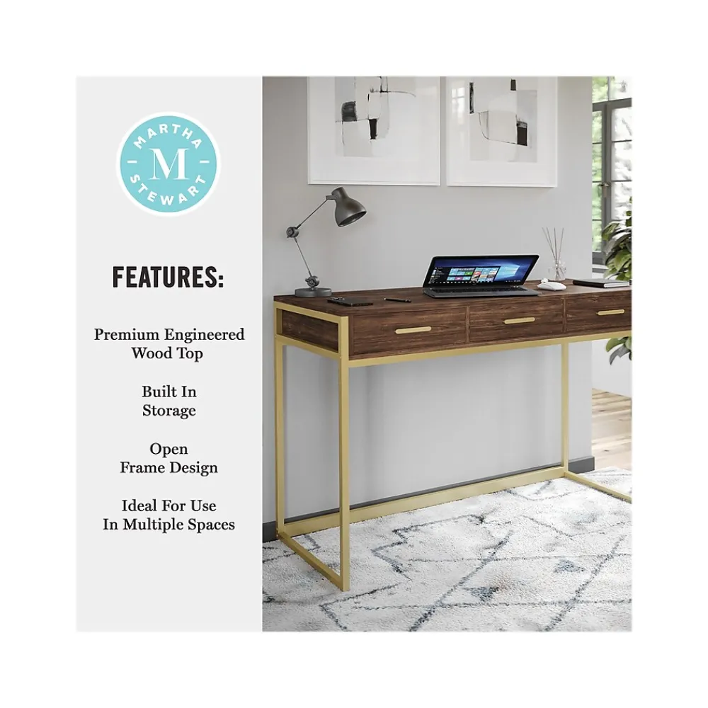 Office Desks*Martha Stewart Ollie 47"W Home Office Desk with 3 Drawers, Walnut/Polished Brass (ZGZP028BRGLD)