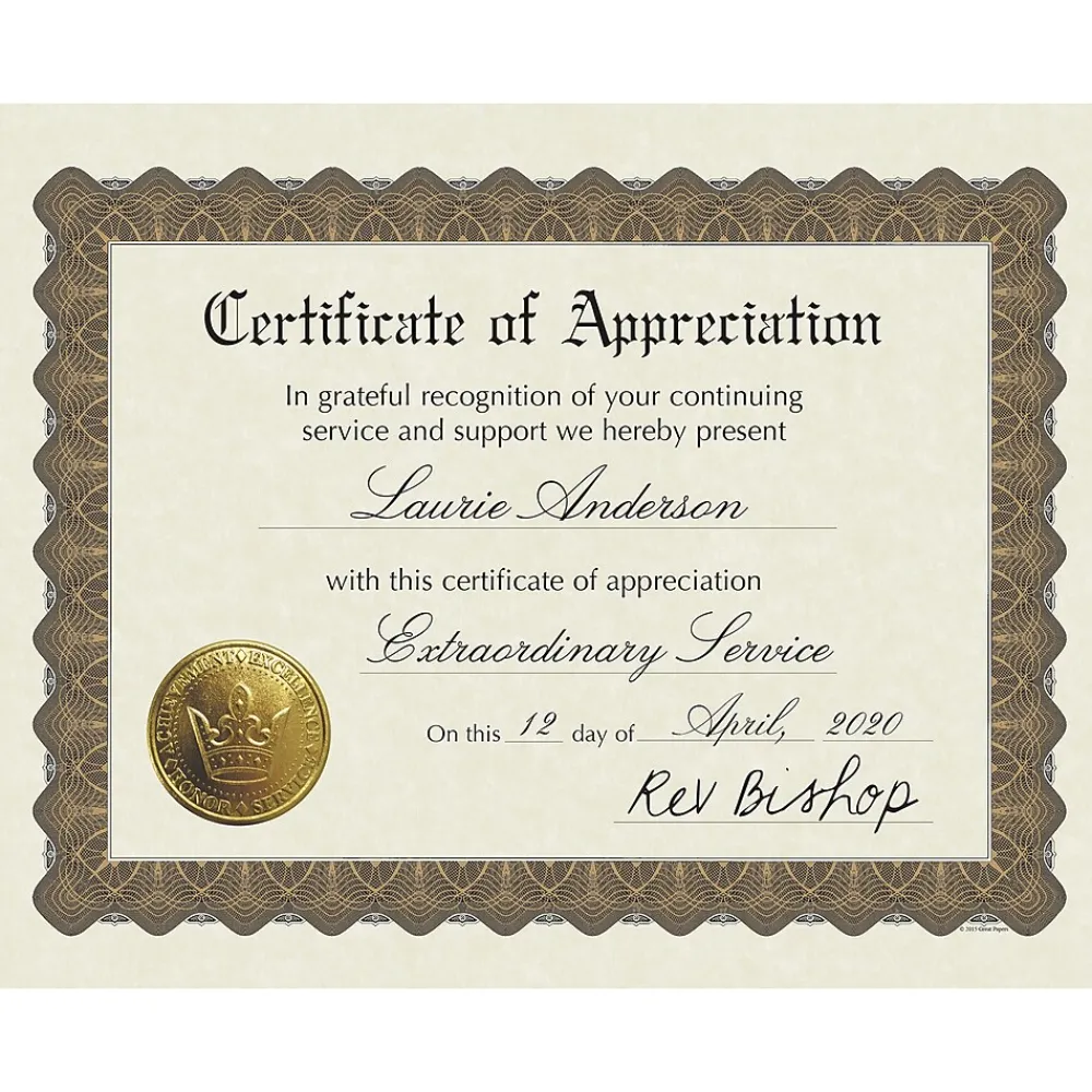 Awards & Certificates*Masterpiece Studios Appreciation Certificates, 8.5" x 11", Metallic Gold, 18/Pack (20104238)