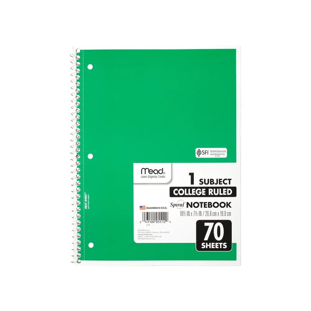 Subject Notebooks|Mead 1-Subject Notebooks, 8" x 10.5", College Ruled, 70 Sheets (MEA05512)