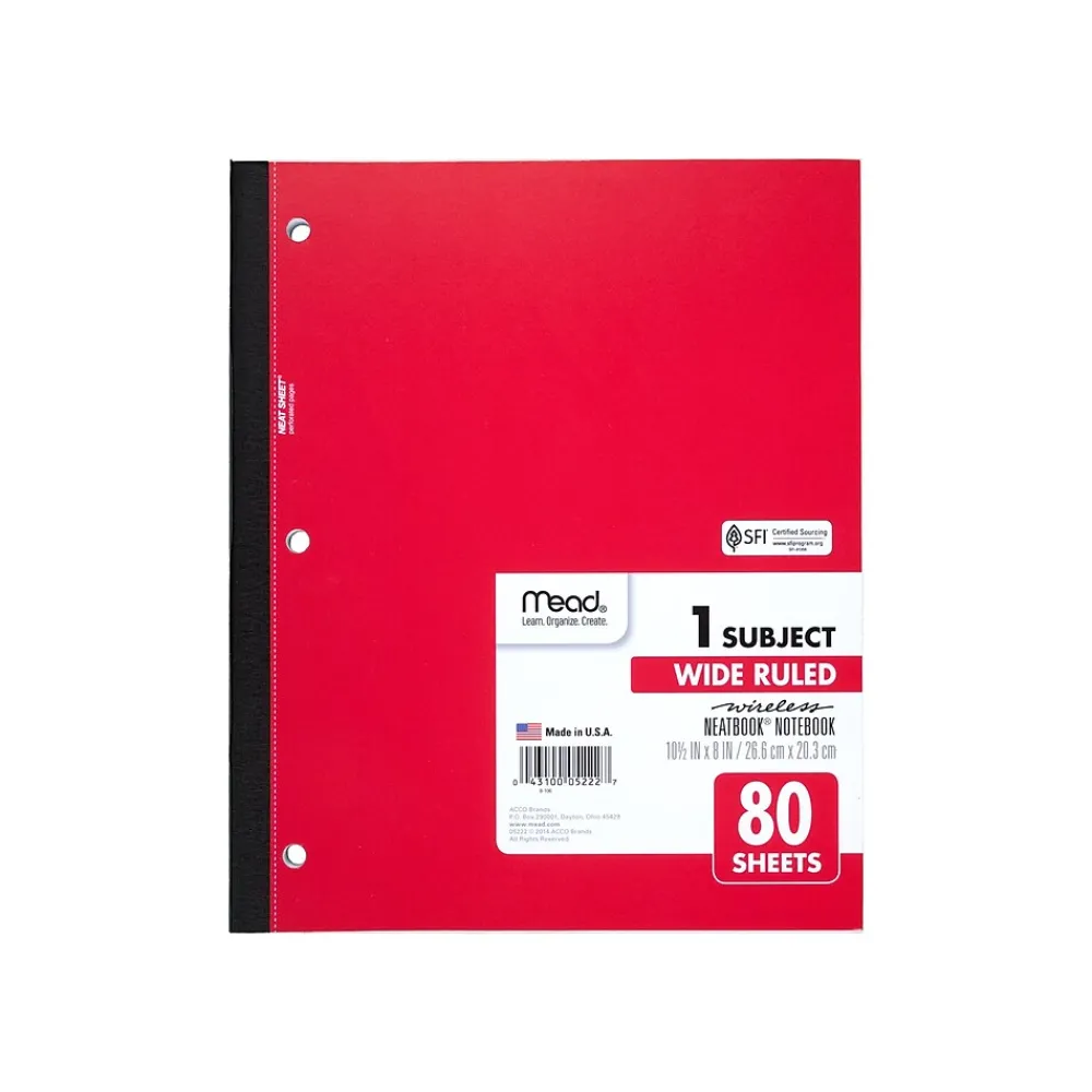 Subject Notebooks|Mead Wireless Neatbook 1-Subject Notebooks, 8" x 10.5", Wide Ruled, 80 Sheets, Each (05222)