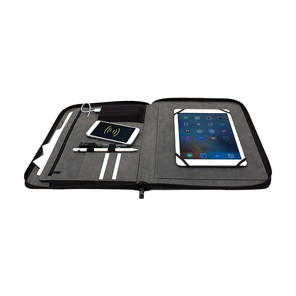 Wireless Charging Faux Leather Padfolio with Zipper Closure, Black (UN1-PP-PU-B)<M-Edge Outlet