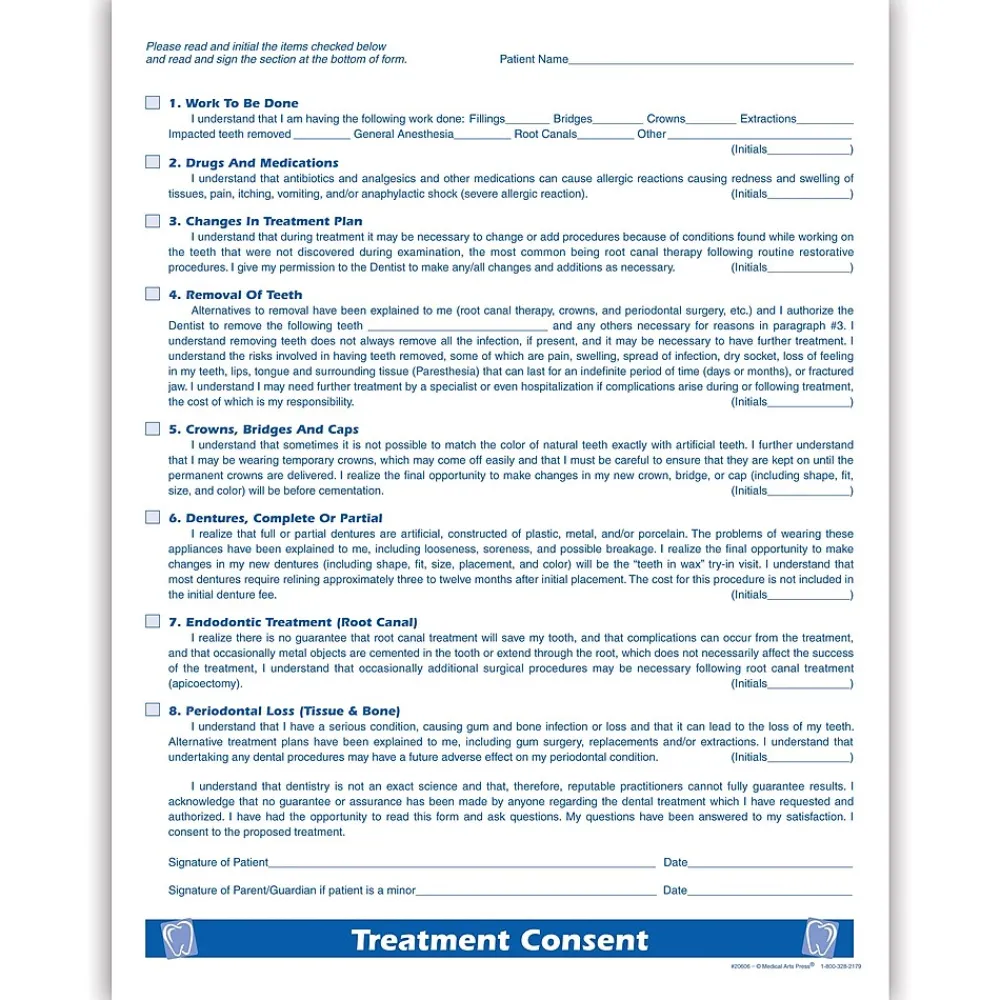 Medical Forms*Medical Arts Press ® Dental Treatment Consent Form; 1-Sided