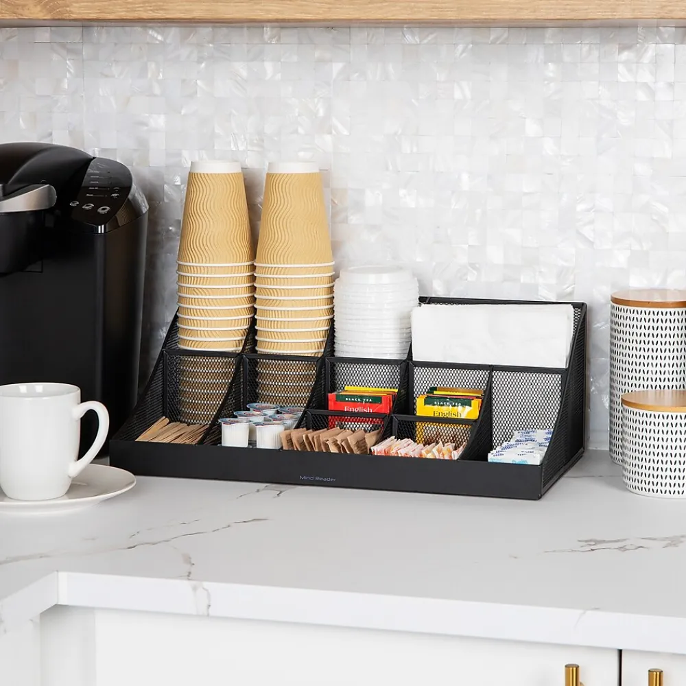 Mind Reader 11 Compartment Metal Coffee Cup and Condiment Organizer, Black (COMORGMESH-BLK)