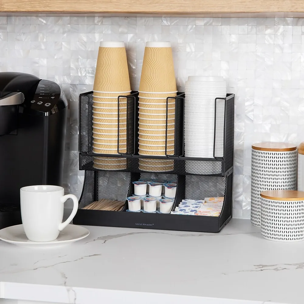 Mind Reader 6 Compartment Metal Coffee Cup and Condiment Organizer, Black (UPMESH-BLK)