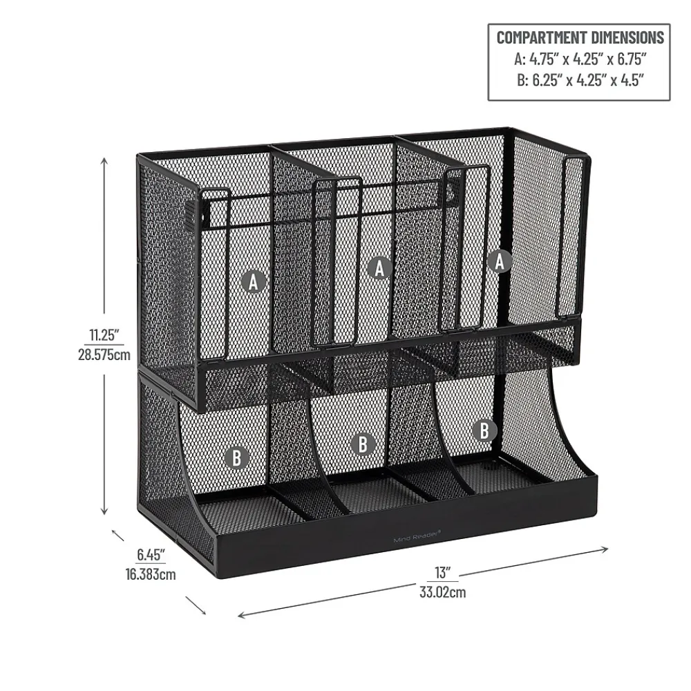 Mind Reader 6 Compartment Metal Coffee Cup and Condiment Organizer, Black (UPMESH-BLK)