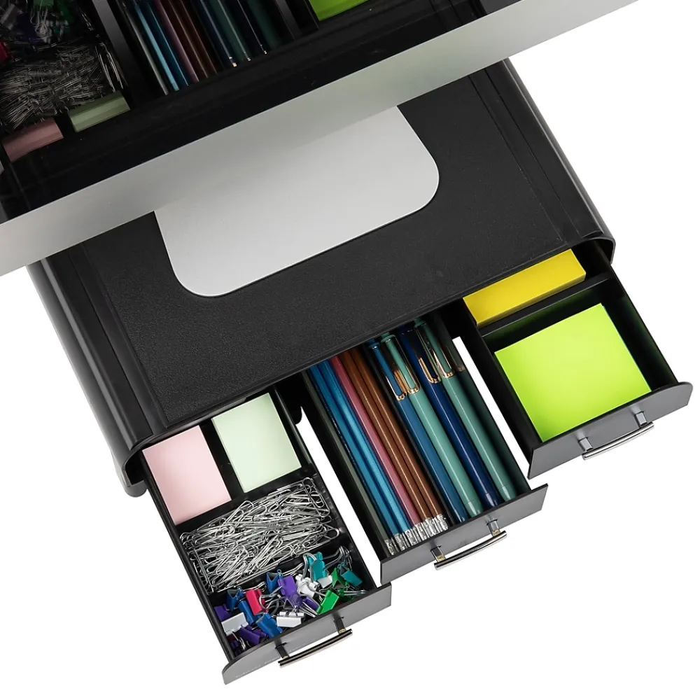 Sale Mind Reader Monitor Stand and Desktop Organizer with 3 Storage Drawers, Black (MONSTA3D-BLK)