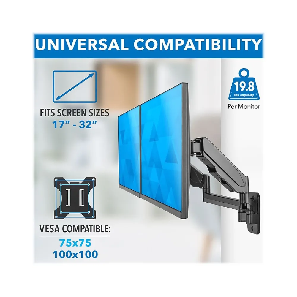 New Mount-It! Adjustable Dual Monitor Wall Mount, Up to 32", Black (MI-1766B)