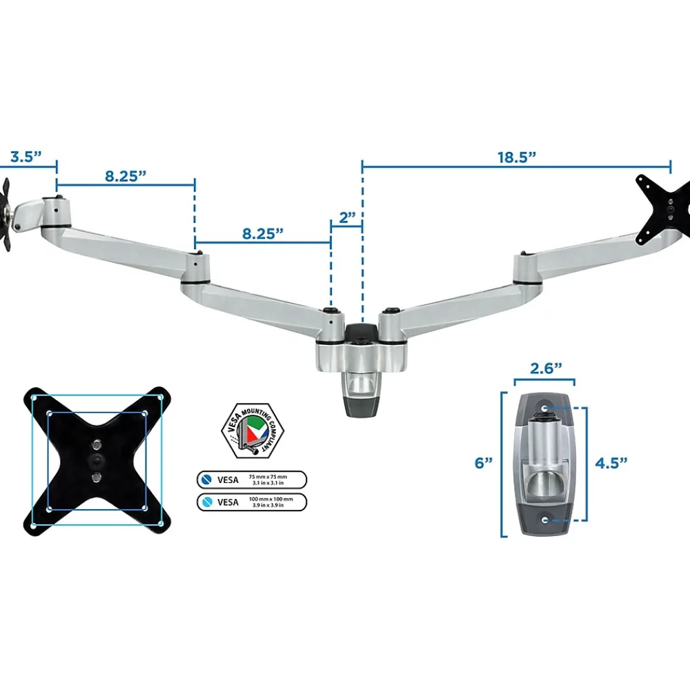 Discount Mount-It! Modular Dual Adjustable Monitor Arms, Up to 30" Monitors, Gray/Silver (MI-43114)