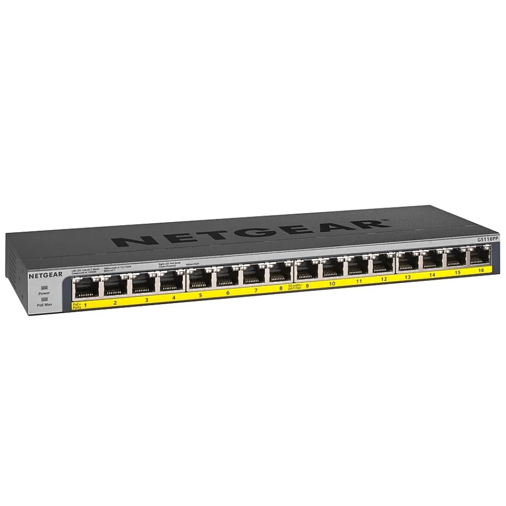 Discount Netgear 16-Port PoE/PoE+ Gigabit Ethernet Unmanaged Switch (GS116LP-100NAS)